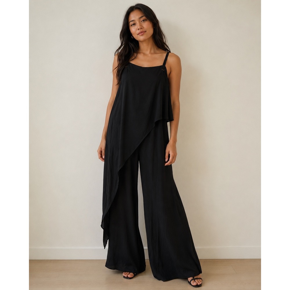 Halara Black Asymmetrical Overlay Wide Leg Jumpsuit Sleeveless Medium NWT